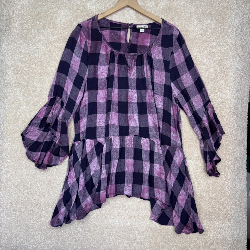 ONE WORLD Tunic Women's 2X Purple Plaid Bell Sleeve Peplum Boho Acid‎ Wash Top